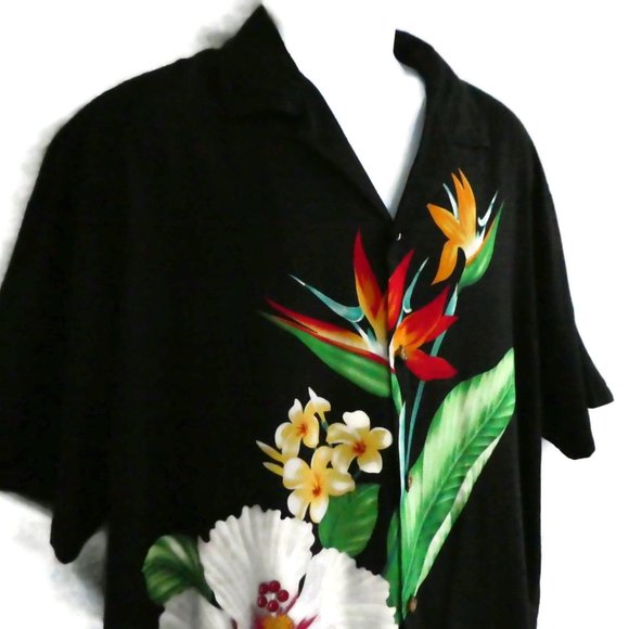 Vintage 80s Mens Aloha Hawaiian Shirt Black Flowers Bird of Paradise XL - Picture 3 of 7